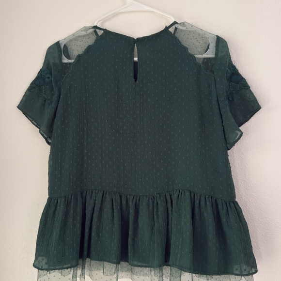 Zara Trafaluc Blouse sz Medium Green Embroidered Ruffle Peplum Top Short Sleeves - Picture 6 of 11